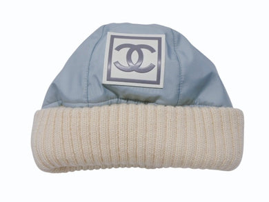 極美品 CHANEL シャネル スポーツライン ニット帽 ココマーク ポリエステル エラスタン アイボリー ブルー サイズM 中古 4b007238