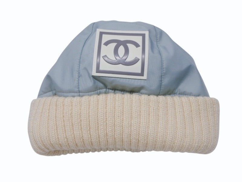 極美品 CHANEL シャネル スポーツライン ニット帽 ココマーク ポリエステル エラスタン アイボリー ブルー サイズM 中古 4b007238