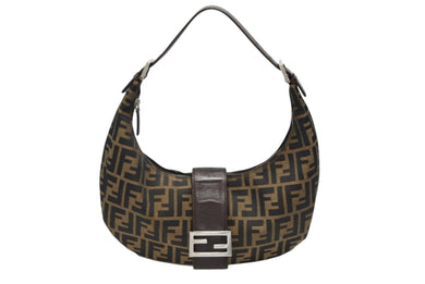 FENDI フェンディ クロワッサン ハーフムーン ワンショルダーバッグ ハンドバッグ キャンバス ブラウン シルバー金具 美品 中古 4b007317