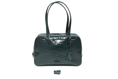 極美品 PRADA プラダ ハンドバッグ トートバッグ トライアングルロゴ クロコダイル型押しレザー グリーン シルバー金具 中古 4b007331
