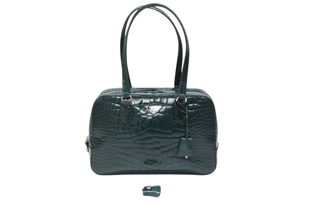 極美品 PRADA プラダ ハンドバッグ トートバッグ トライアングルロゴ クロコダイル型押しレザー グリーン シルバー金具 中古 4b007331