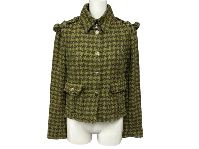 極美品 CHANEL シャネル ツイードジャケット P32181V18440 サイズ36 ココマーク グリーン ブラウン シルク リネン コットン 中古 4b007356