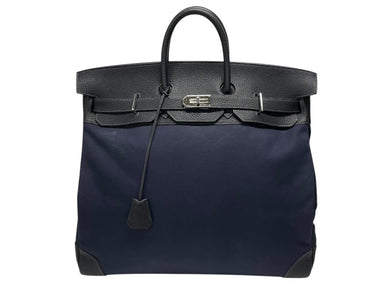 極美品 HERMES エルメス ハンドバッグ オータクロア50 ネイビー×ブラック トワルキャントゴ シルバー金具 ◽︎I刻印 中古 4b007363