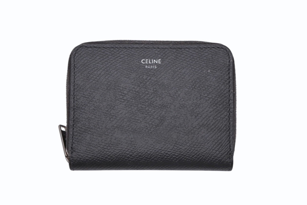 CELINE セリーヌ コンパクトジップドウォレット ラウンドファスナー コインケース S-SD-4178 ブラック レザー シルバー金具 美品 中古 4b007428