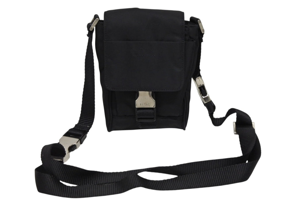 PRADA プラダ トライアングルロゴ ミニショルダーバッグ フォンケース ポーチ ブラック イタリア製 シルバー金具 美品 中古 4b007439