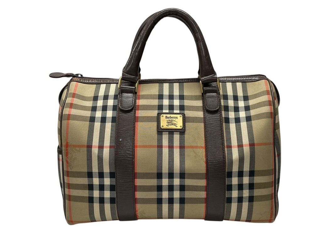 BURBERRY バーバリー ノバチェック ミニボストンバッグ ベージュ ブラウン キャンバス レザー ゴールド金具 美品 中古 4b007468