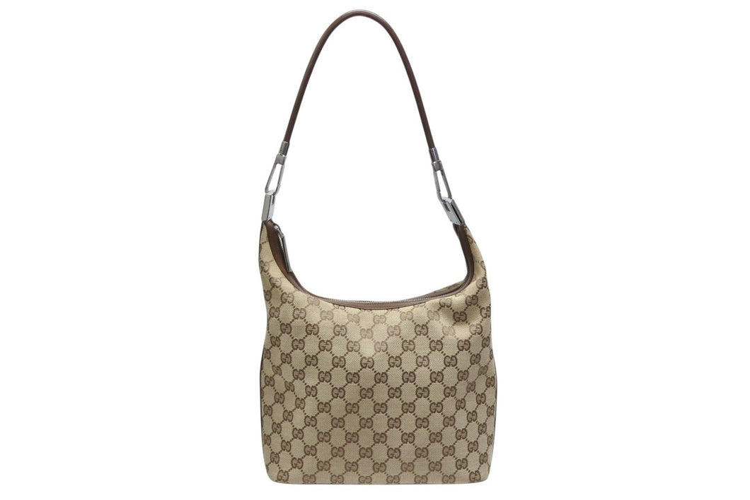 GUCCI グッチ GGキャンバス ワンショルダーバッグ 0013814 ベージュ ブラウン キャンバス レザー シルバー 金具 美品 中古 4b007474