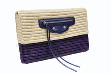 Load image into Gallery viewer, 極美品 BALENCIAGA バレンシアガ クラッチバッグ かごバッグ 002123 ラフィア レザー ベージュ パープル シルバー金具 中古 4b007484