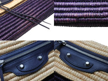 Load image into Gallery viewer, 極美品 BALENCIAGA バレンシアガ クラッチバッグ かごバッグ 002123 ラフィア レザー ベージュ パープル シルバー金具 中古 4b007484