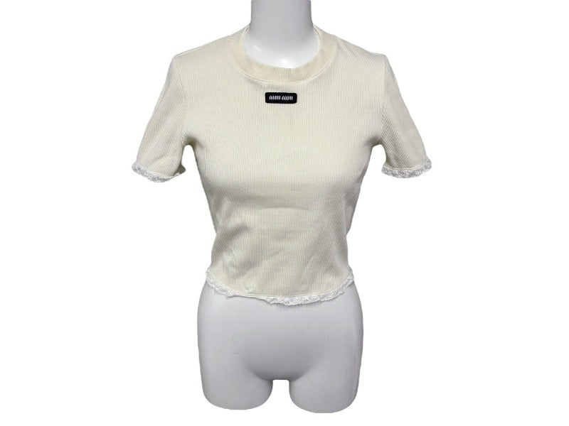 極美品 MIU MIU ミュウミュウ レース 装飾半袖 Tシャツ XS リブニット MJN580 ブランド ロゴ アイボリー コットン 中古 4b007529