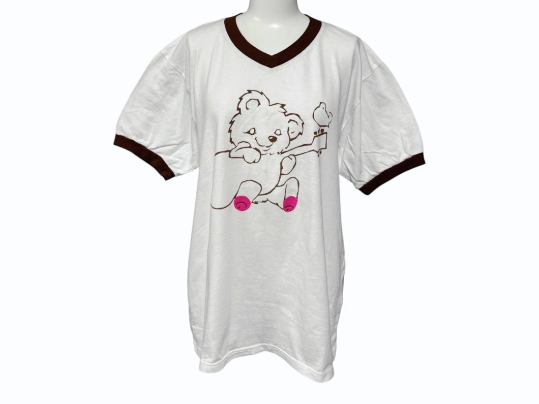 新品未使用 KAPITAL キャピタル 20/-天竺 VネックリンガーT(リトルベア&ハーモニーpt) Tシャツ K2502SC017 ホワイト ブラウン サイズ3 中古 4b007552