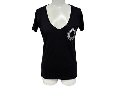 極美品 CHROME HEARTS クロムハーツ V字ネック 半袖Ｔシャツ ホースシュー U.S.A製 コットン ブラック ホワイト サイズS 中古 4b007600