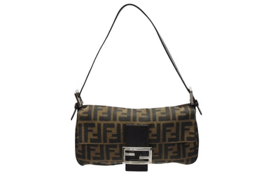 極美品 FENDI フェンディ マンマバケット ワンショルダーバッグ 2145264240 ズッカ柄 キャンバス レザー ブラウン シルバー金具 中古 4b007732