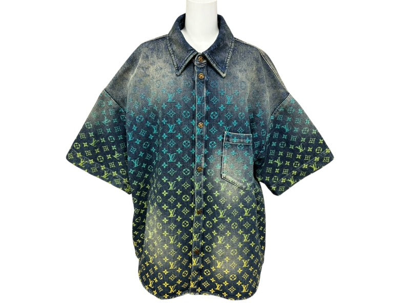 極美品 LOUIS VUITTON ルイヴィトン レインボーモノグラム デニムシャツ RM231 YM4 HOS72X インディゴ マルチカラー コットン サイズXL 中古 4b007762