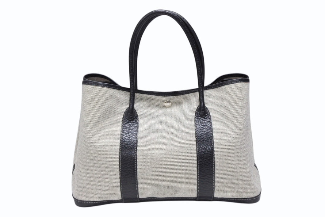 極美品 HERMES エルメス ガーデンパーティPM ハンドバッグ トートバッグ □G刻印 トワルアッシュ ナチュラル ブラック 中古 4b007889