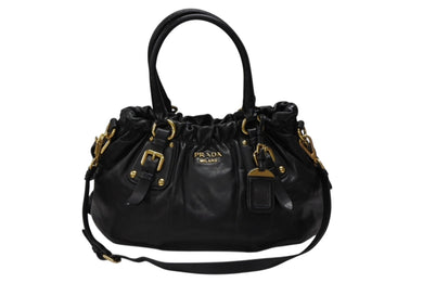 PRADA プラダ ギャザー 2WAYバッグ ハンドバッグ ショルダーバッグ カーフレザー ブラック ゴールド金具 美品 中古 4b007894