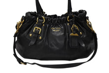 画像をギャラリービューアに読み込む, PRADA プラダ ギャザー 2WAYバッグ ハンドバッグ ショルダーバッグ カーフレザー ブラック ゴールド金具 美品 中古 4b007894