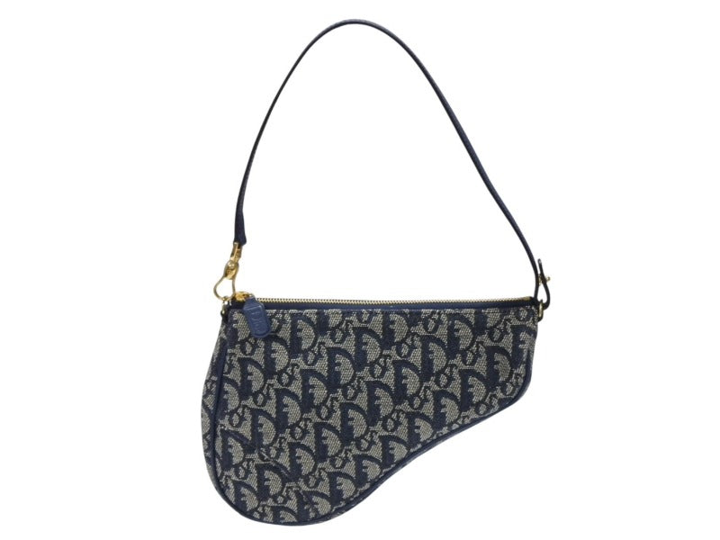 極美品 Christian Dior クリスチャンディオール サドルポーチ アクセサリーポーチ MC 0071 ネイビー トロッター柄 ガリアーノ期 中古 4b007899