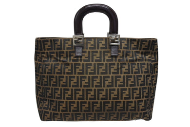 FENDI フェンディ ハンドバッグ トートバッグ ズッカ柄 キャンバス レザー ブラウン シルバー金具 美品 中古 4b007936
