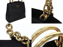 Load image into Gallery viewer, PRADA プラダ ハンドバッグ トライアングル ロゴ ナイロン ゴールド金具 黒 ブラック 美品 中古 4b007954