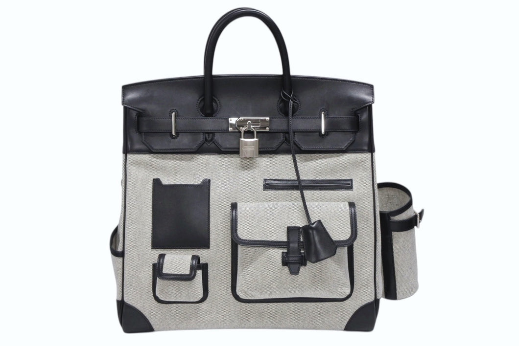 HERMES エルメス オータクロア40 カーゴ ハンドバッグ トワルアッシュ ヴォーエバーカーフ エクリュ ブラック Z刻印 2021年 SV金具 美品 中古 4b008142