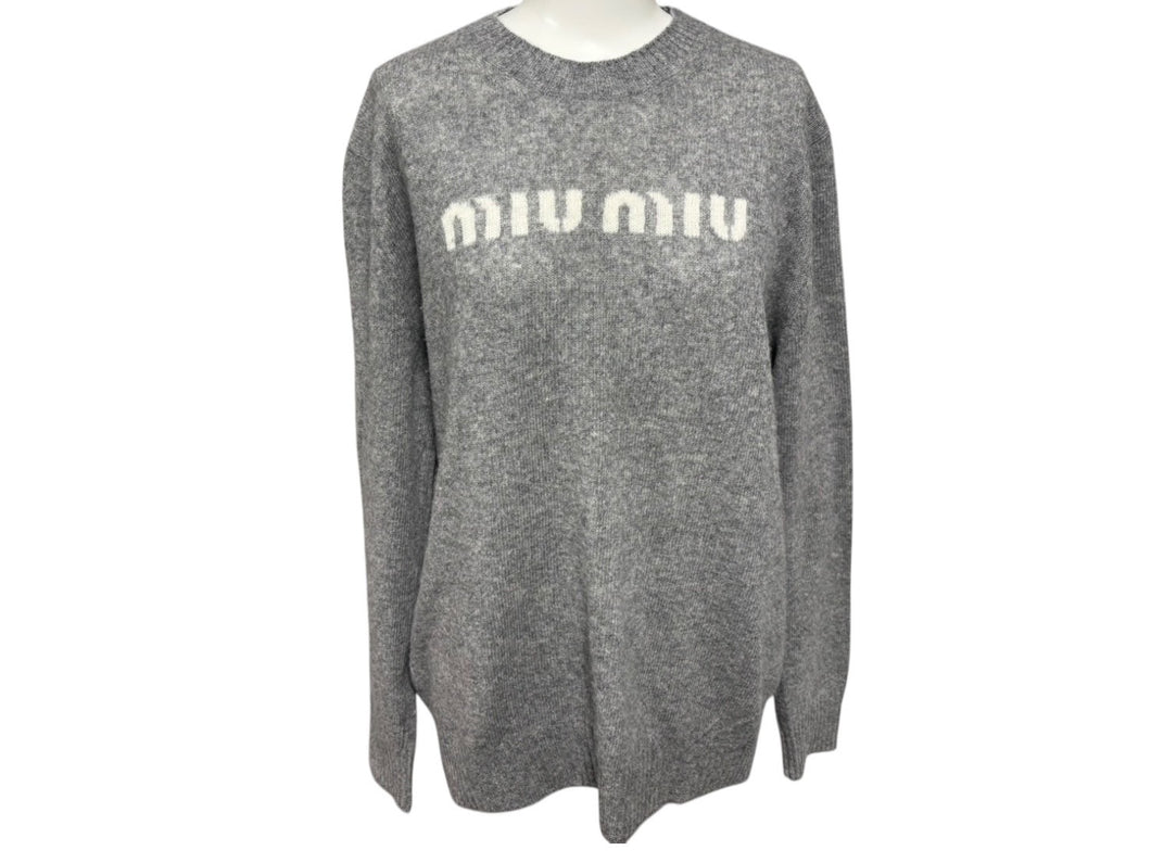 MIUMIU ミュウミュウ ニット セーター MML808 サイズ40 カシミヤ ウール インターシャロゴ グレー ホワイト 美品 中古 4b008197