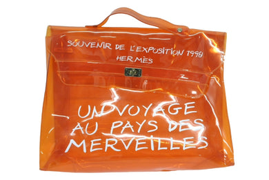 HERMES エルメス ビニールケリー 不思議の国 エルメスへの旅展 ハンドバッグ トートバッグ オレンジ クリア 透明 ビニール ゴールド金具 美品 中古 4b008241