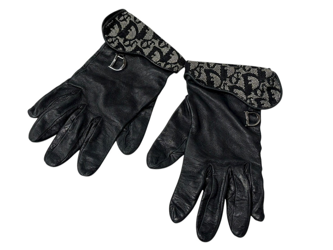 CHRISTIAN DIOR クリスチャンディオール トロッターライン グローブ キャンバス ジープスキン Dチャーム ネイビー ブラック 良品 中古 4b008262
