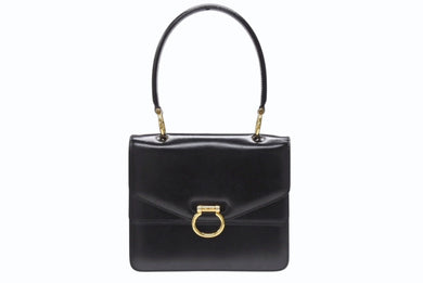 極美品 CELINE セリーヌ ハンドバッグ ガンチーニ ダブルフラップ ヴィンテージ レザー ブラック ゴールド金具 中古 4b004826