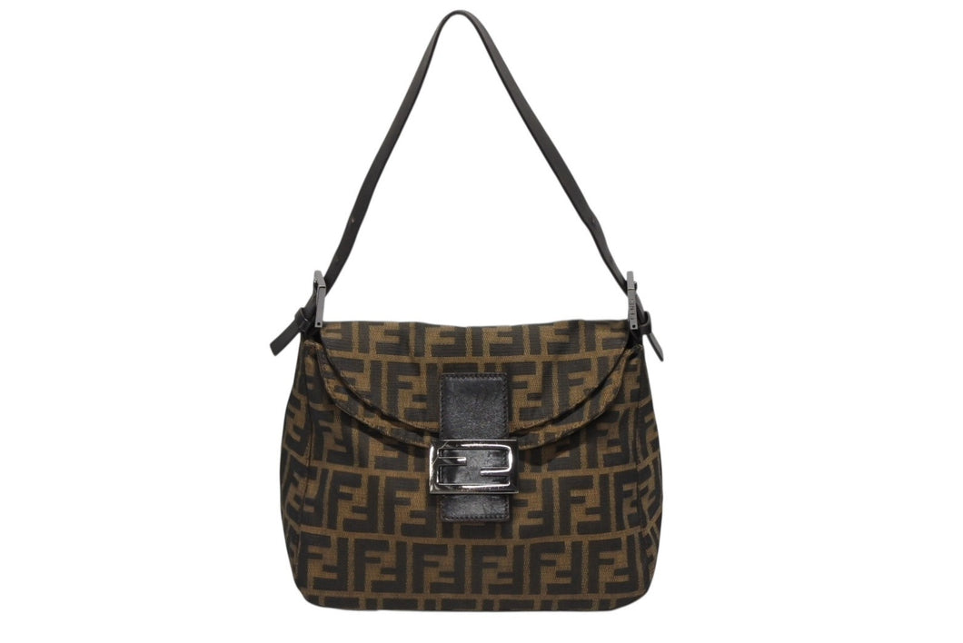 FENDI フェンディ マンマバケット ワンショルダーバッグ ズッカ柄 ブラウン キャンバス レザー シルバー金具 美品 中古 4b008283