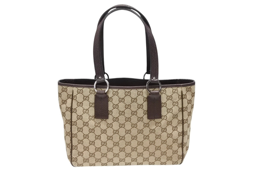 GUCCI グッチ GGキャンバス トートバッグ 113019 ベージュ ブラウン レザー シルバー金具 イタリア製 美品 中古 4b008290