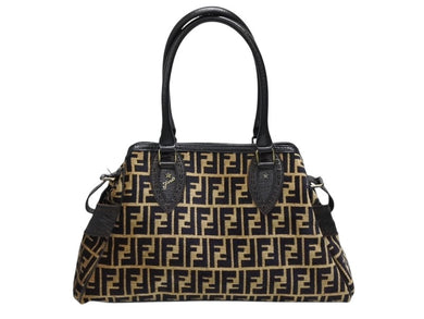 新品同様 FENDI フェンディ ズッカ柄 ハンドバッグ AH10238 ベロア レザー ベージュ ブラック アンティークゴールド金具 中古 4b008344