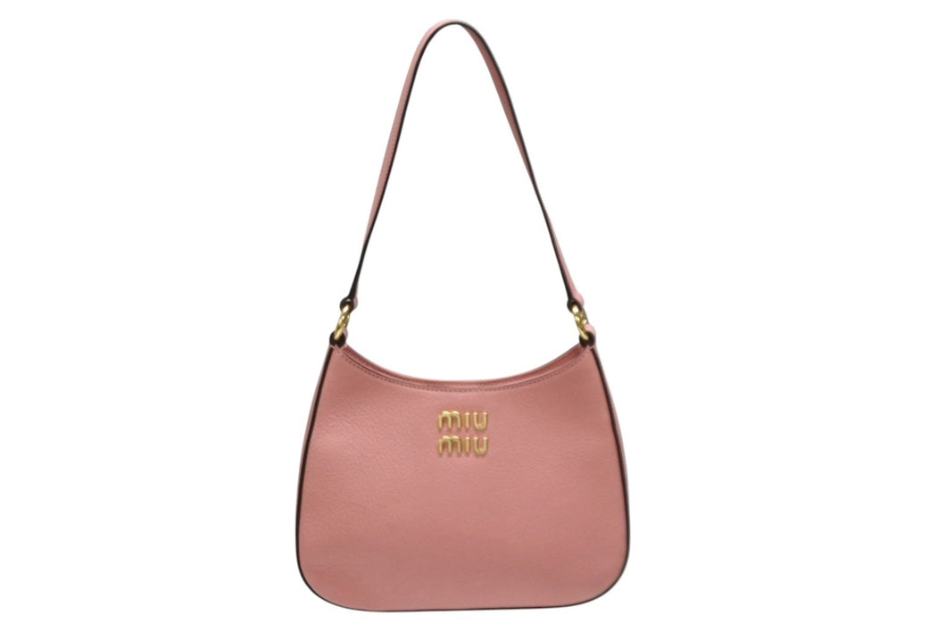 極美品 MIUMIU ミュウミュウ マドラス ワンショルダーバッグ 5BC105 ピンク レザー ロゴ金具 ゴールド金具 中古 4b008515