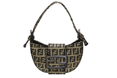 極美品 FENDI フェンディ ミニクロワッサン ハンドバッグ 108BK00301 ズッキーノ柄 ブラック ゴールド キャンバス ブラック金具 中古 4b008565