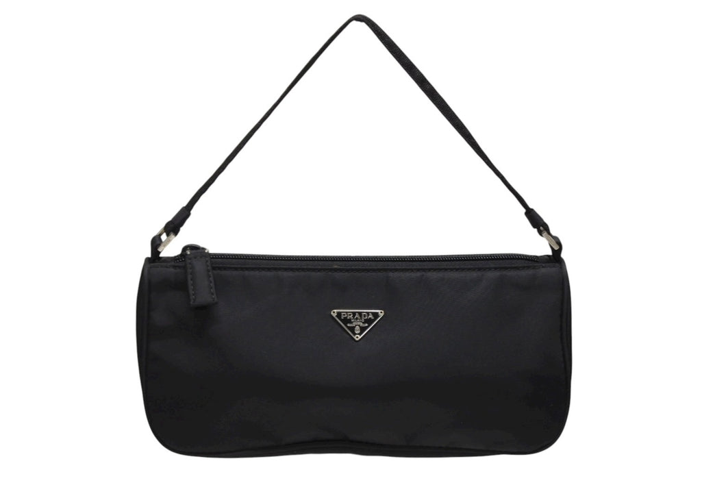 PRADA プラダ アクセサリーポーチ ブラック ナイロン レザー ハンドバッグ トライアングルロゴ 美品 中古 4b008581
