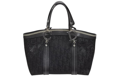 Dior ディオール トロッター ハンドバッグ 総柄 ブラック コットンキャンバス 07-BO-0035 レザー シルバー金具 美品 中古 4b008587