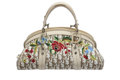 Christian Dior クリスチャンディオール トロッター ハンドバッグ 花柄 刺繍 05-MA-0035 キャンバス ベージュ 美品 中古 4b008618