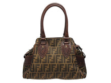 画像をギャラリービューアに読み込む, FENDI フェンディ ズッカ柄 エトニコ ハンドバッグ ブラウン ロゴ キャンバス レザー 美品 中古 4b008633