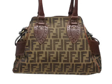 画像をギャラリービューアに読み込む, FENDI フェンディ ズッカ柄 エトニコ ハンドバッグ ブラウン ロゴ キャンバス レザー 美品 中古 4b008633