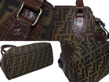 画像をギャラリービューアに読み込む, FENDI フェンディ ズッカ柄 エトニコ ハンドバッグ ブラウン ロゴ キャンバス レザー 美品 中古 4b008633