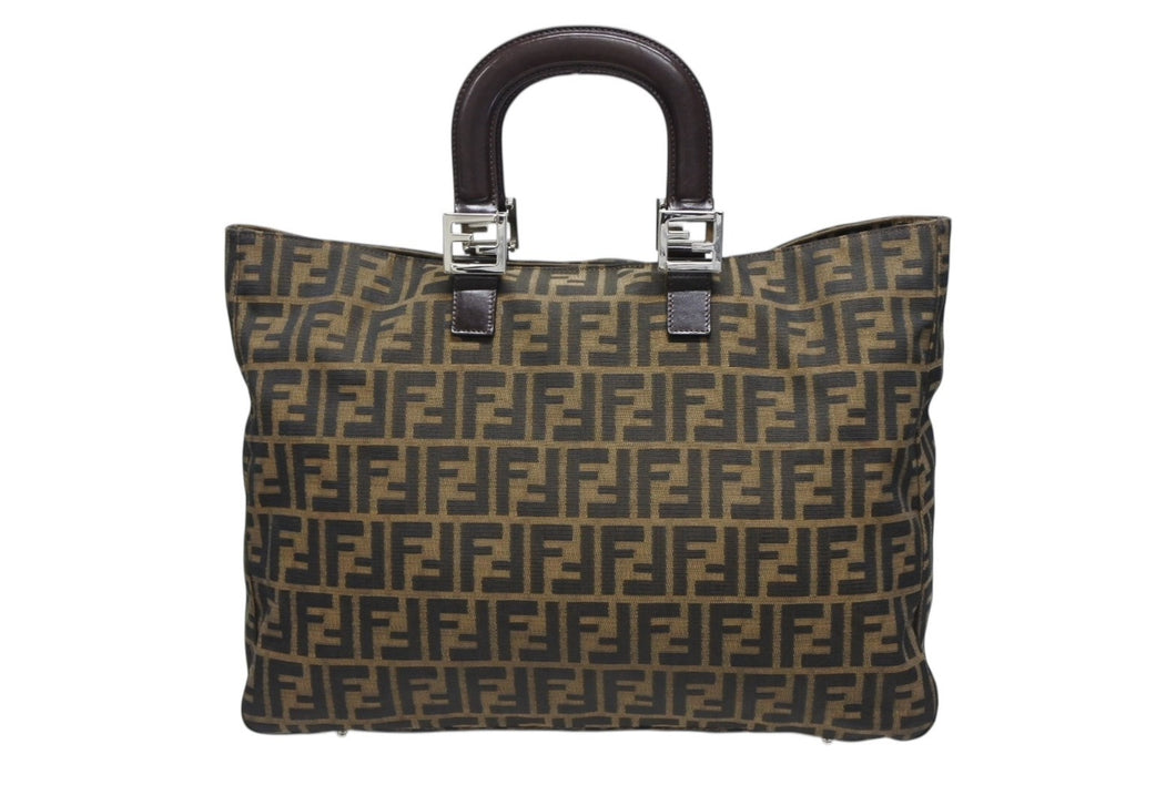 FENDI フェンディ ハンドバッグ トートバッグ ズッカ柄 26329 キャンバス レザー ブラウン シルバー金具 美品 中古 4b008638