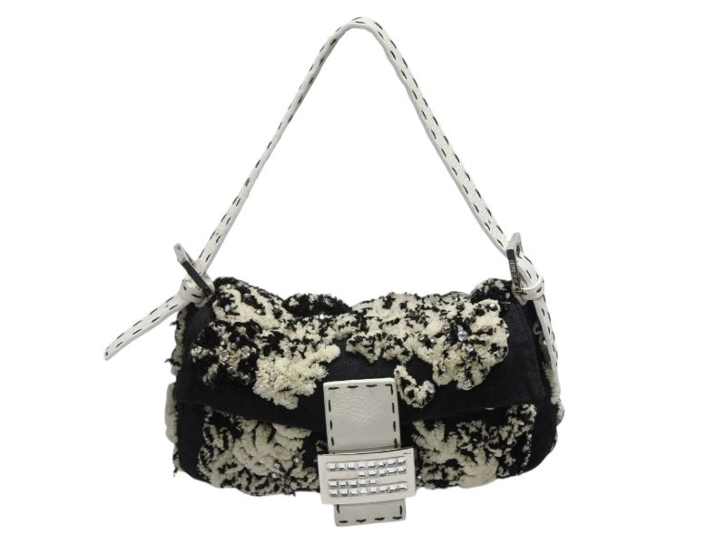 極美品 FENDI フェンディ フローラルエンブロイダリー マンマバケット セレリア ショルダーバッグ 8BR101-038 ラインストーン ブラック ホワイト 中古 4b008644