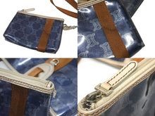 Load image into Gallery viewer, CELINE セリーヌ トートバッグ ハンドバッグ マカダム柄 ブルー ブラウン PVC レザー ビニール 美品 中古 4b008663