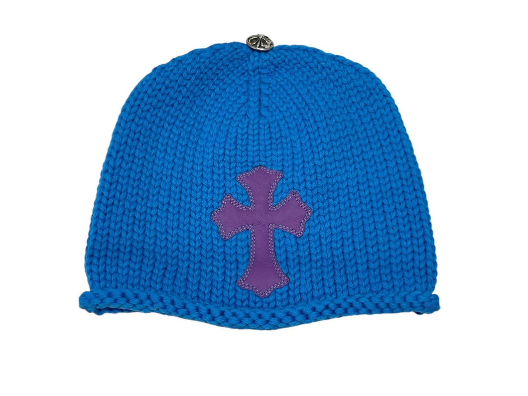 未使用 CHROME HEARTS クロムハーツ クロスパッチ ニットキャップ ビーニー カシミヤ レザー シルバー925 パープル ブルー 中古 4b008696