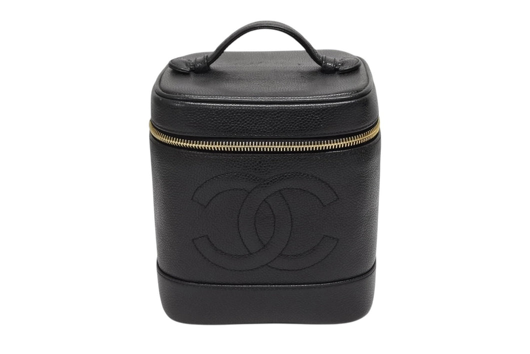 CHANEL シャネル バニティバッグ ハンドバッグ A01998 キャビアスキン ココマーク ブラック ゴールド金具 美品 中古 4b008734