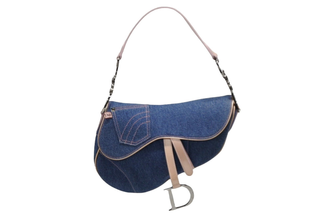 極美品 CHRISTIAN DIOR クリスチャンディオール サドルバッグ ワンショルダーバッグ ガリアーノ期 デニム ピンク 中古 4b008762