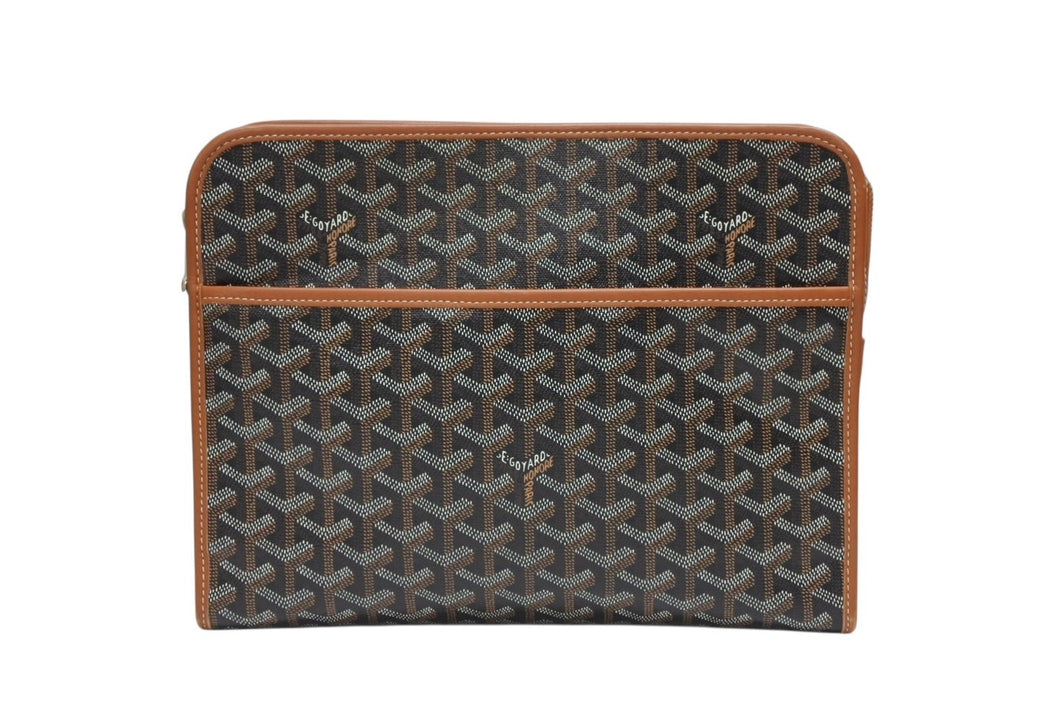極美品 GOYARD ゴヤール ジュバンスMM ポーチ クラッチバッグ ゴヤールディンキャンバス カーフスキン ブラウン 中古 4b008881