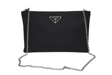 極美品 PRADA プラダ チェーンショルダーバッグ トライアングルロゴ 1BF081 ナイロン ブラック シルバー金具 中古 4b008882