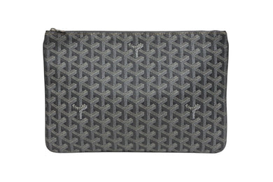 GOYARD ゴヤール セナMM クラッチバッグ ヘリンボーン柄 グレー PVC レザー シルバー金具 美品 中古 4b008888