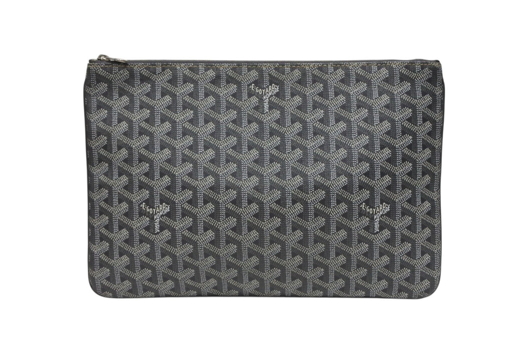 GOYARD ゴヤール セナMM クラッチバッグ ヘリンボーン柄 グレー PVC レザー シルバー金具 美品 中古 4b008888